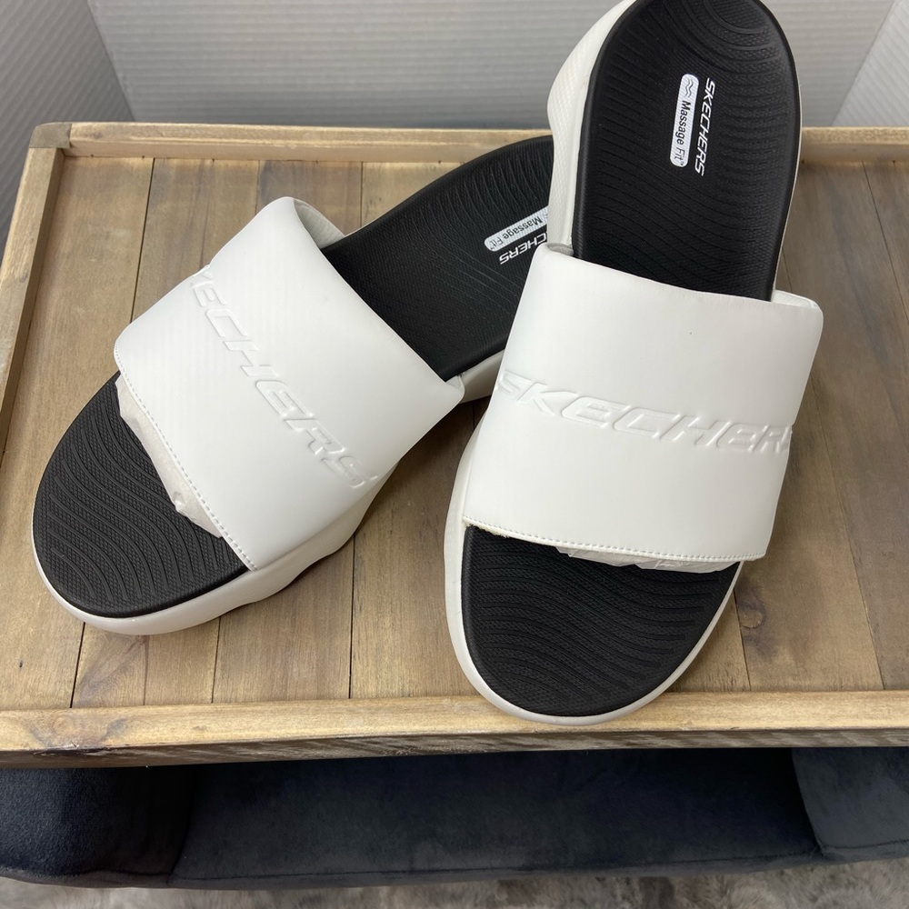 Skechers White and Black Slides